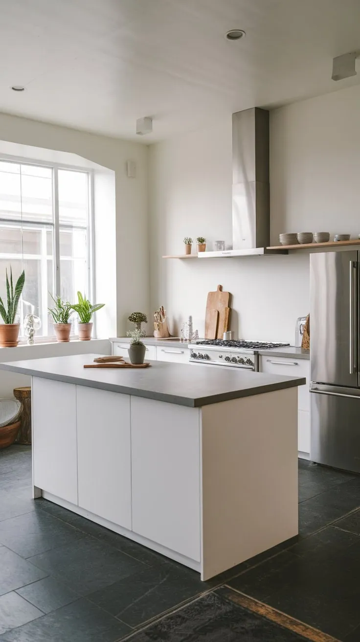 A modern kitchen's focal point is its large island, featuring a grey countertop and complementing dark grey tiled floors.