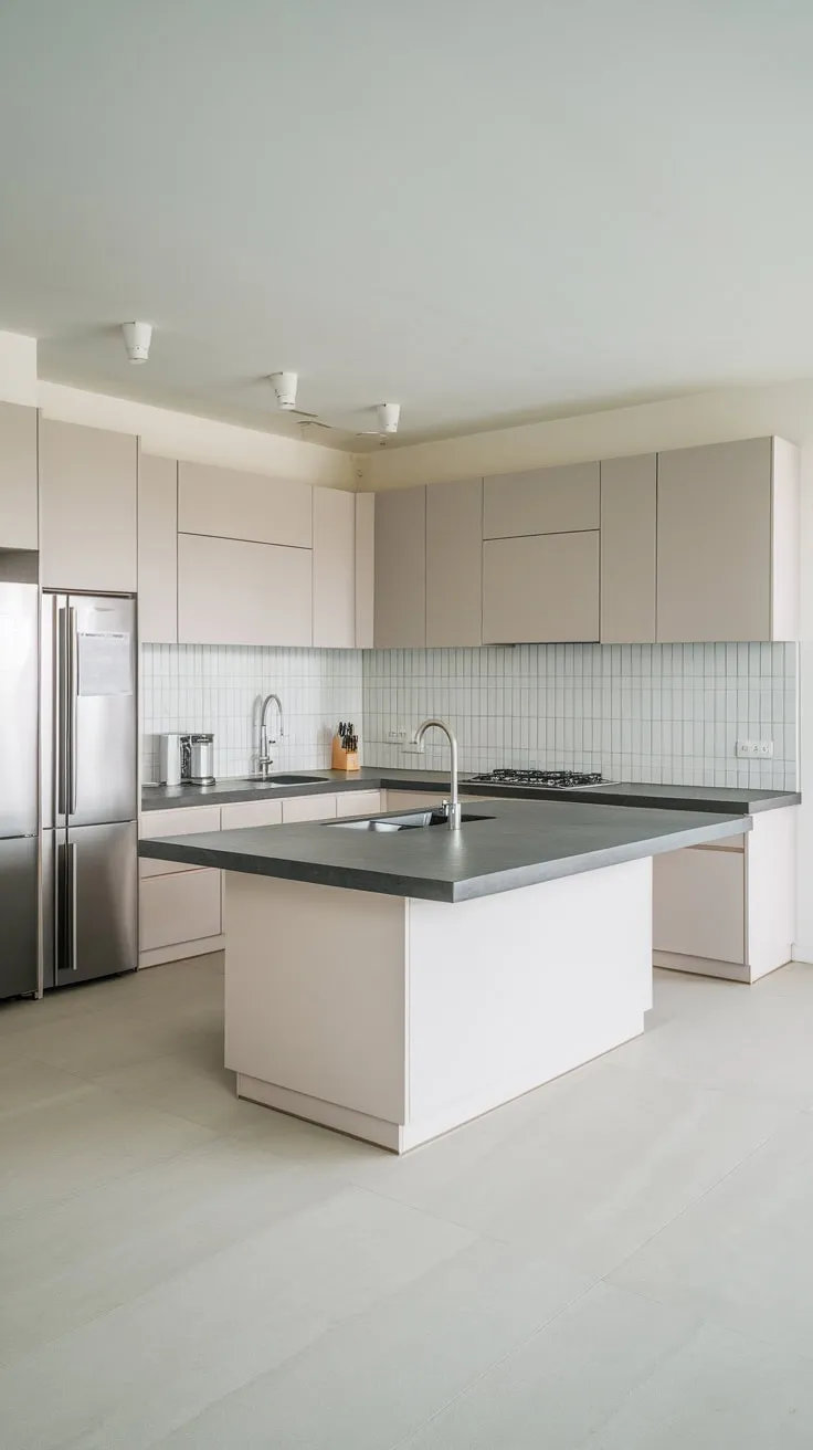 Bright lighting illuminates a minimalist kitchen design centered around a spacious island with integrated sink and cooktop.