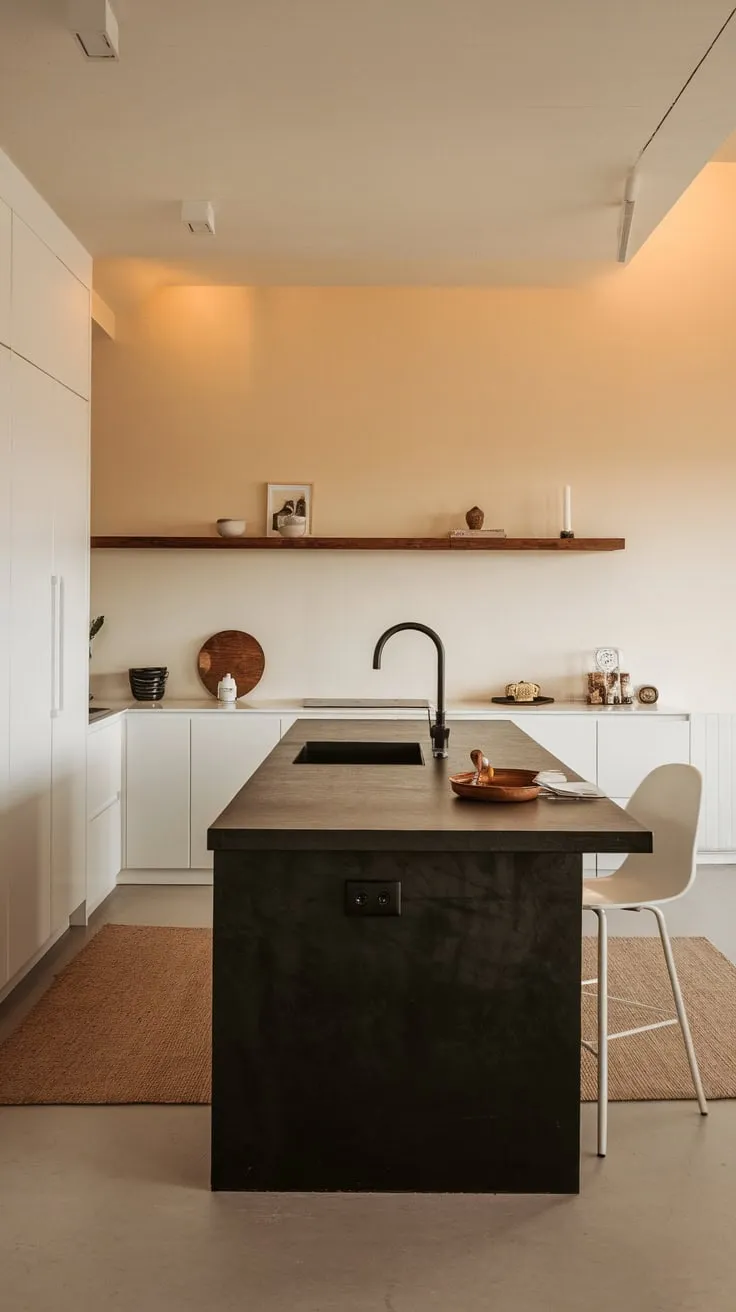 A sleek black kitchen island anchors a minimalist white kitchen, its modern design highlighted by warm lighting and a contrasting beige rug
