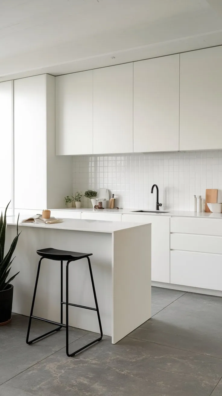 Sleek black accents punctuate an all-white modern kitchen island, grounded by grey tile and a touch of greenery