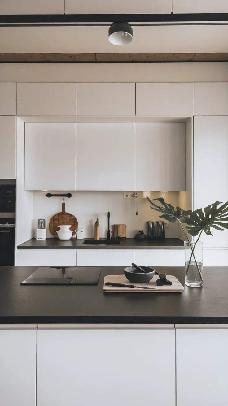 A sleek modern kitchen boasts a minimalist black island, accented by subtle pops of greenery and everyday essentials.