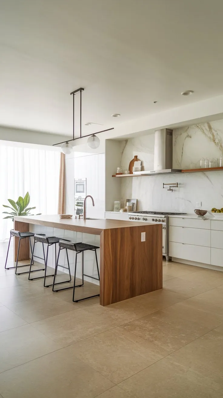 Bright light illuminates a minimalist kitchen centered around a stunning wooden island, perfect for both cooking and casual dining.