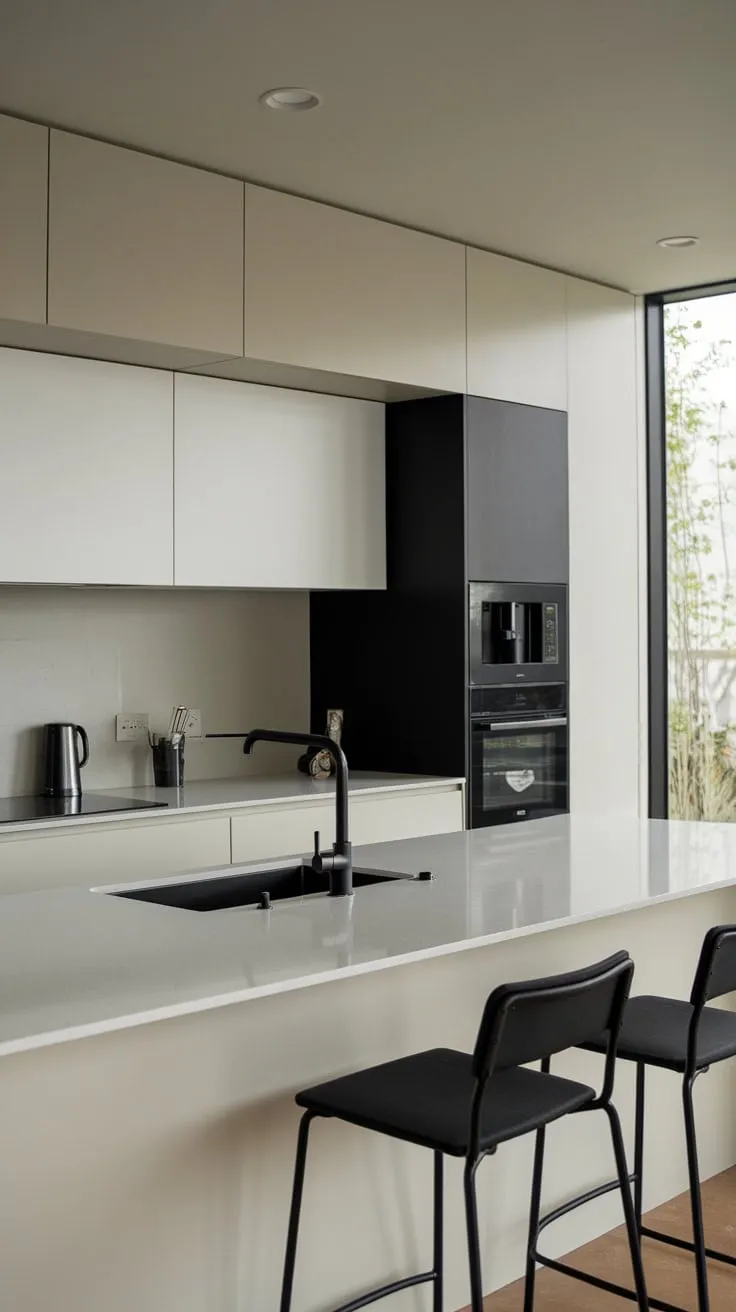 Sleek black and white accents define a minimalist kitchen anchored by a modern island with two black chairs and a view of nature.