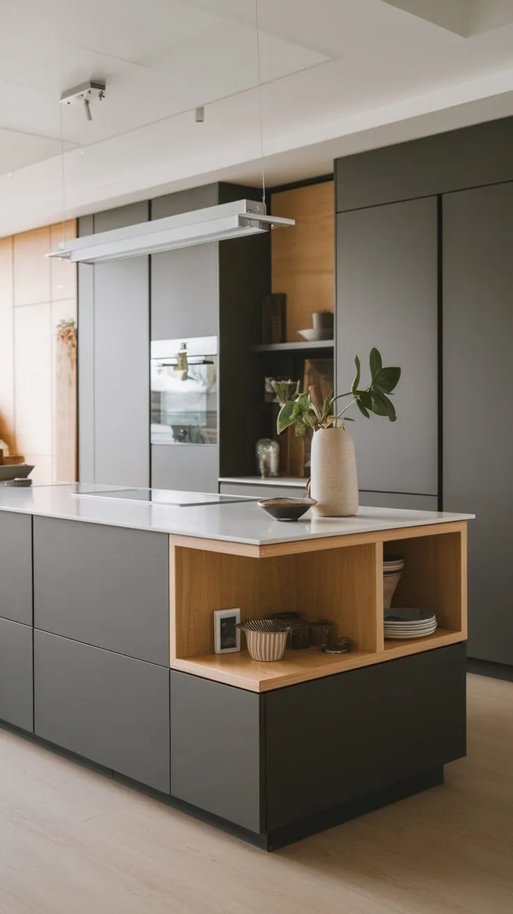 A modern kitchen island, showcasing a pristine white countertop and sparse décor, anchors a stylish space of dark gray cabinets and warm wood flooring.