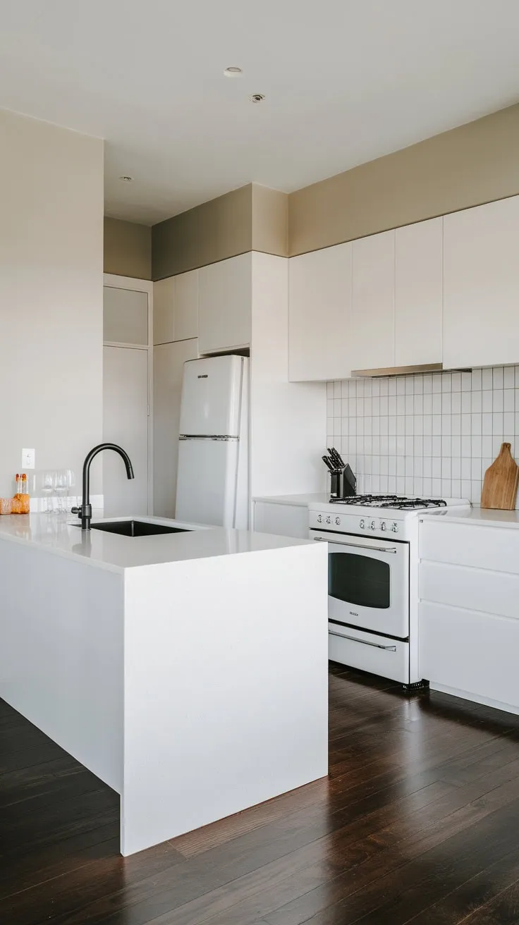 A black sink and minimalist appliances accentuate the clean lines of a contemporary kitchen island.
