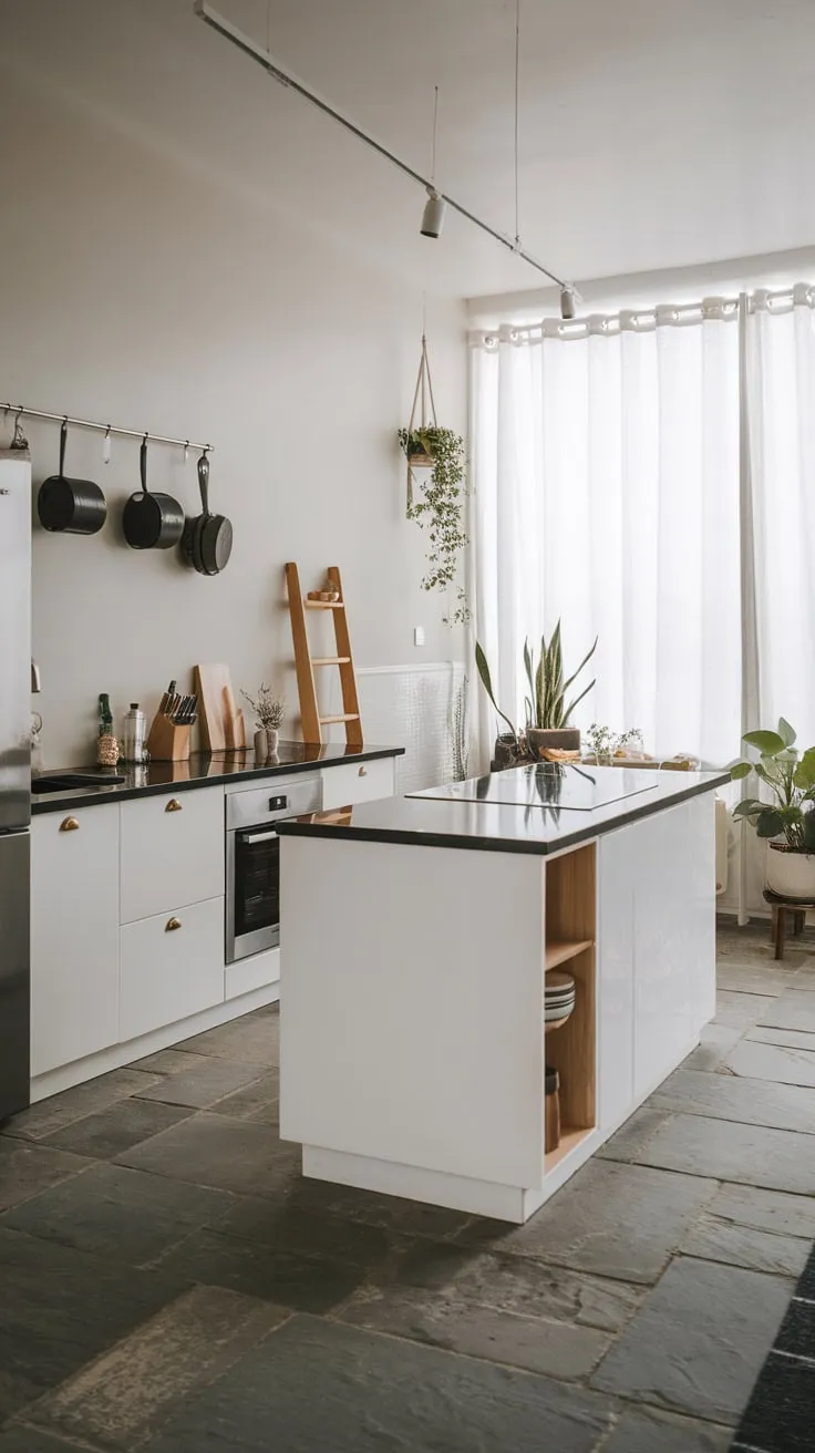 A modern kitchen island anchors a minimalist space with its black countertop and white cabinetry, complemented by grey stone floors and pops of greenery.