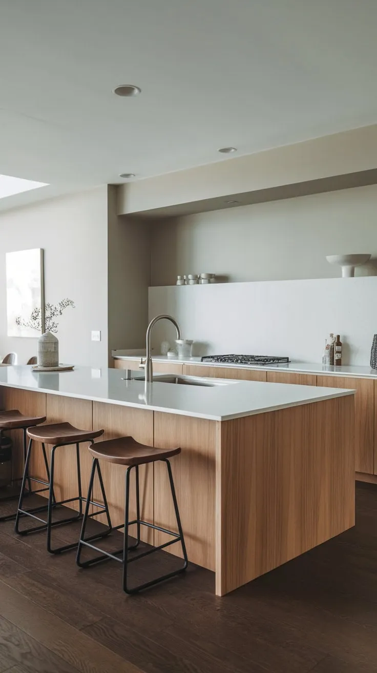 A sleek white kitchen island anchors a minimalist space with dark wood floors and gray walls.