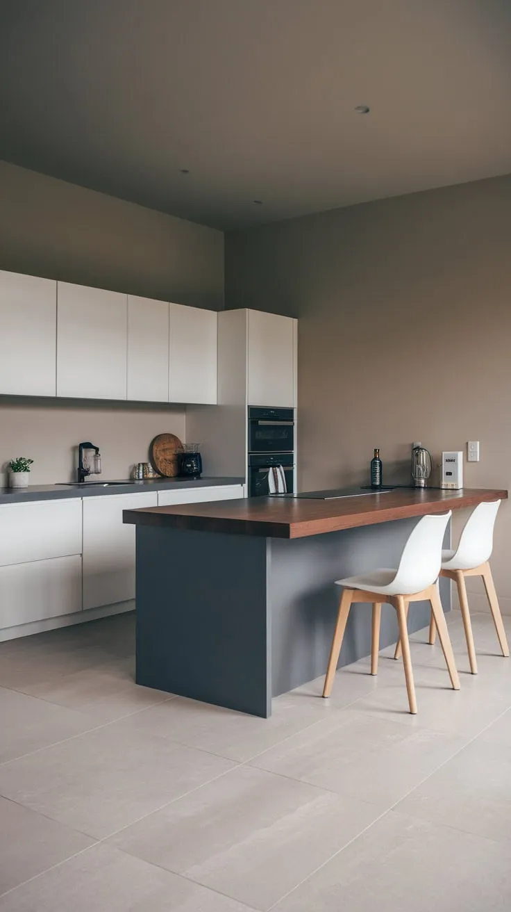 A sleek modern kitchen features a dark grey island topped with warm wood, complemented by white cabinetry and light grey tile flooring.
