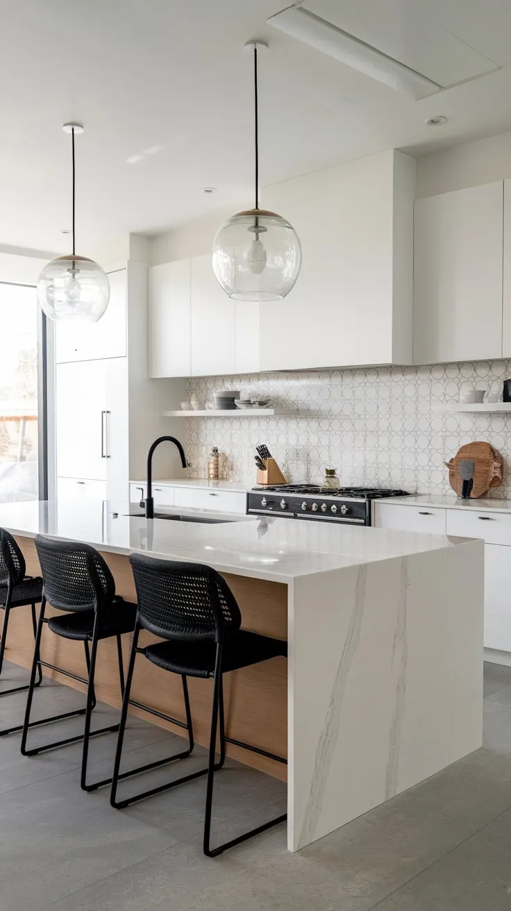A minimalist kitchen is anchored by a large white marble island, contrasted by black chairs and a patterned backsplash.