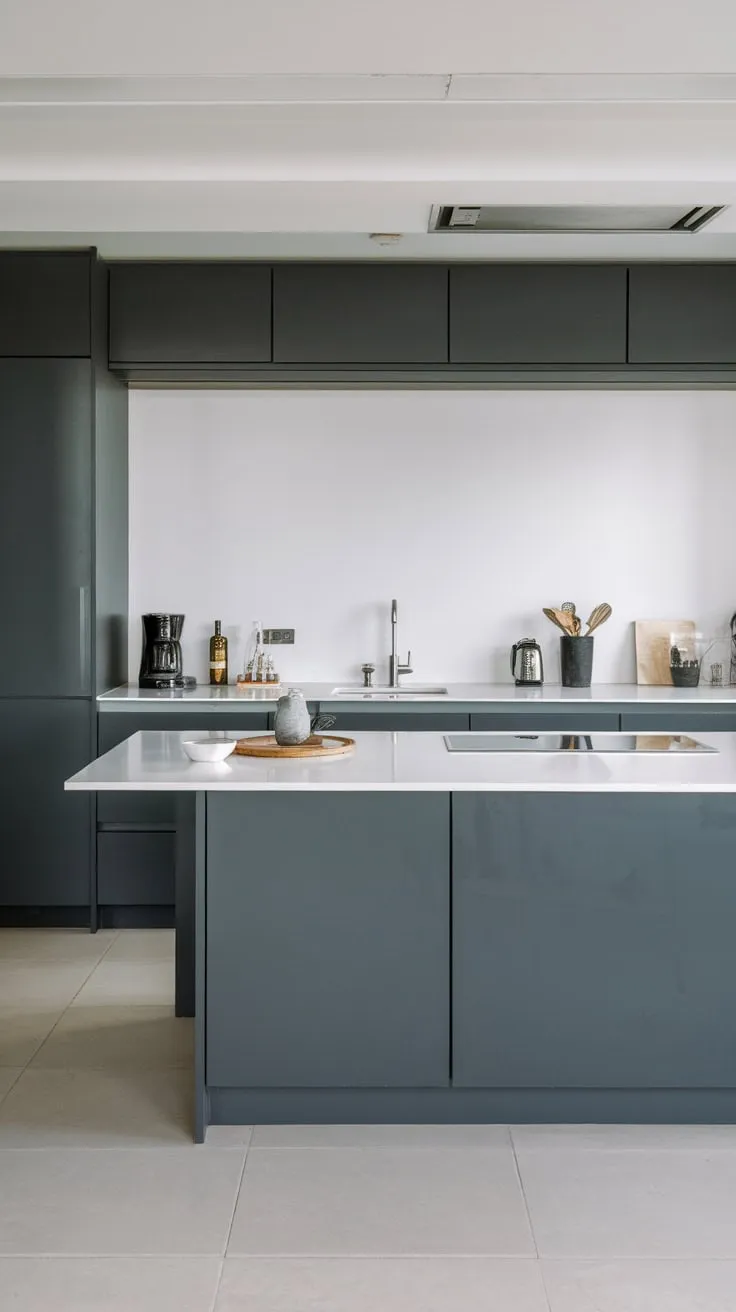 Sleek dark grey cabinetry and a pristine white countertop define this modern kitchen's expansive island