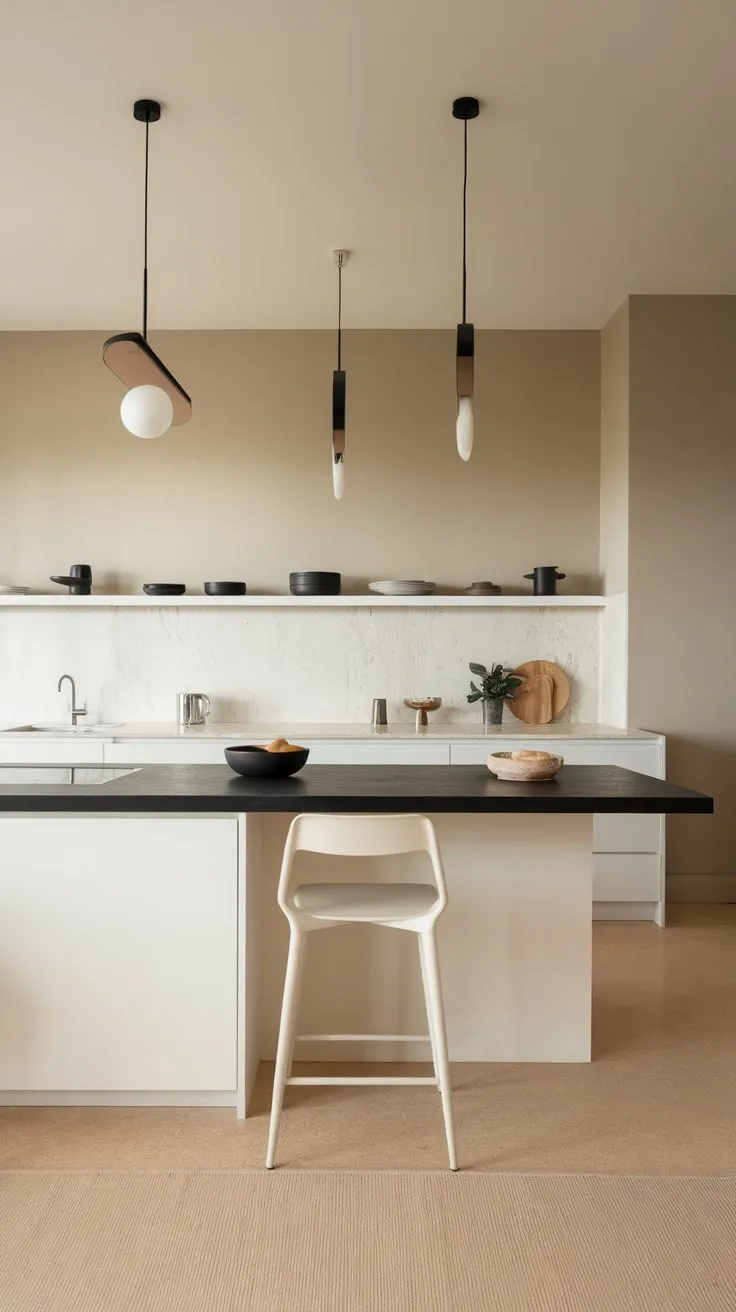 A long, black-topped kitchen island anchors a beige-walled space, complemented by white chairs and pendant lighting.