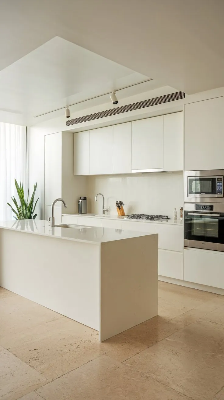A bright white minimalist kitchen is anchored by a pristine central island, showcasing modern simplicity.
