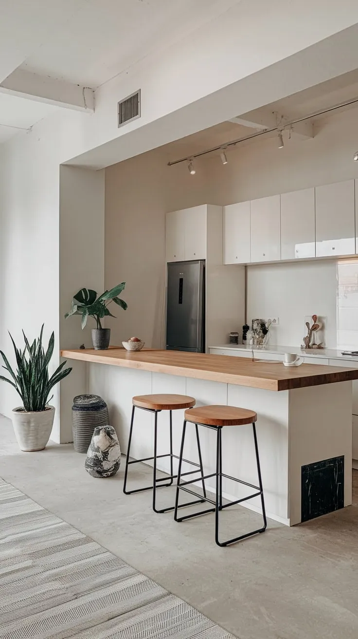 Bright lighting and simple decor highlight a stunning wooden kitchen island as the heart of a contemporary space.