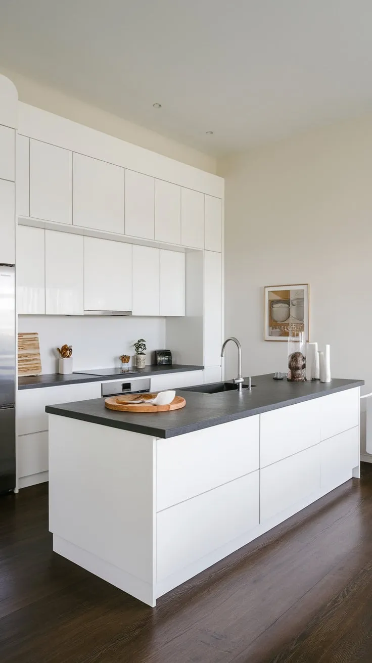 A modern kitchen's focal point a large dark grey island contrasts beautifully against white cabinetry and dark wood flooring