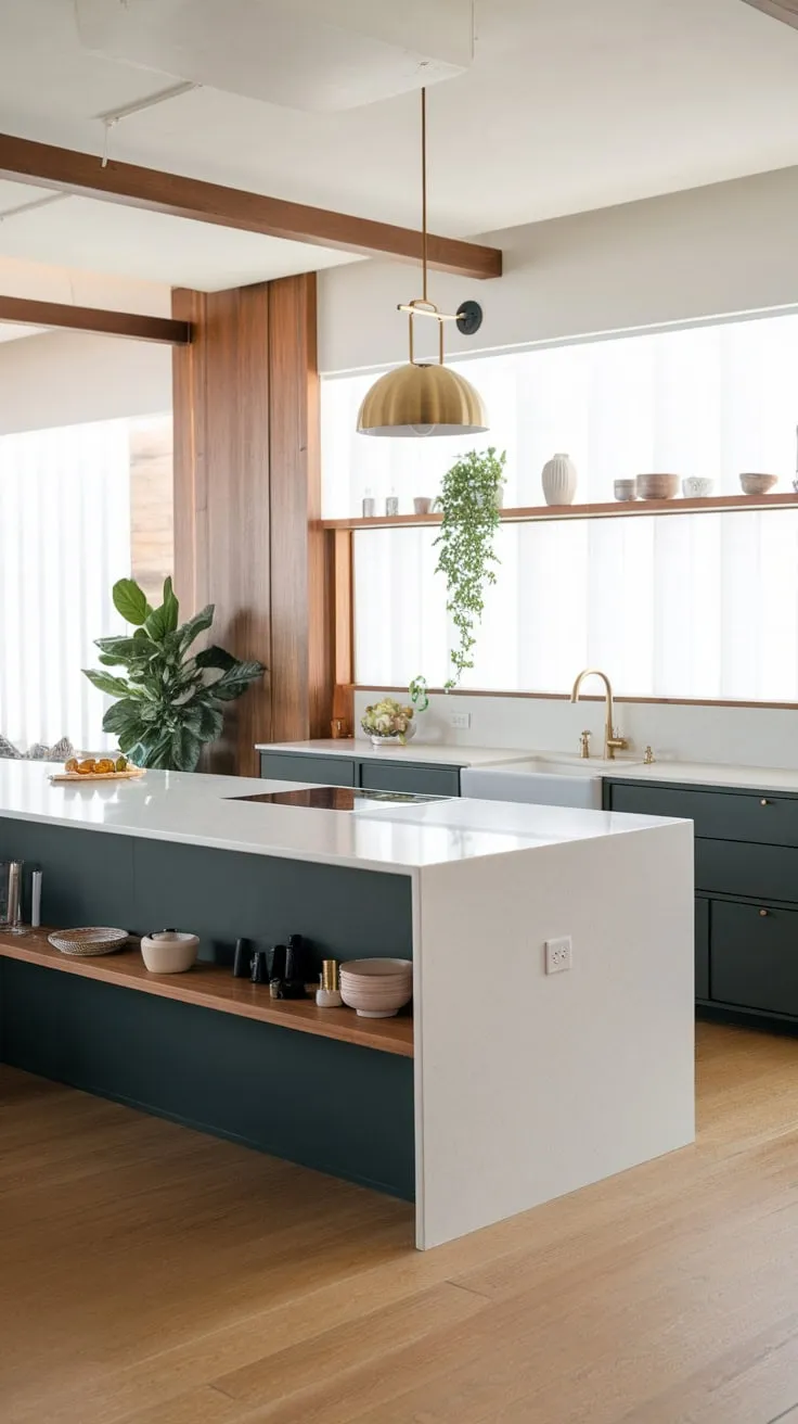 A sleek modern kitchen island anchors a bright space, its white countertop and dark grey cabinetry complemented by warm wood and gold accents.