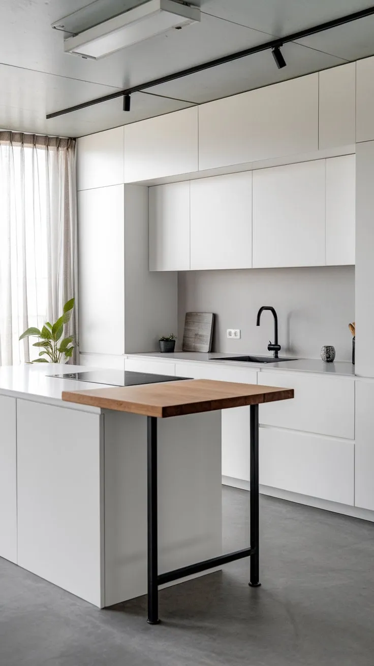 A sleek modern kitchen features a minimalist island with a warm wood top contrasting crisp white cabinetry and black accents.