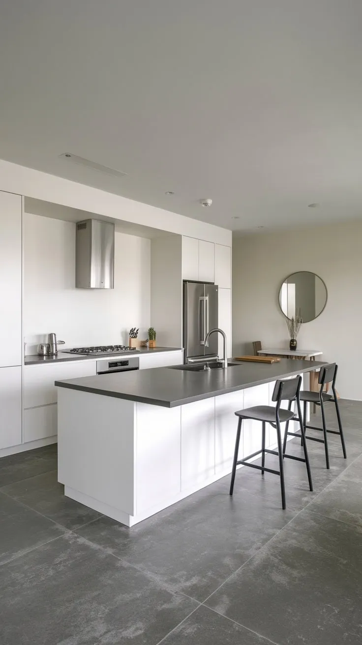 A sleek modern kitchen island anchors a bright white space with dark countertops, integrated appliances, and a cozy breakfast bar.