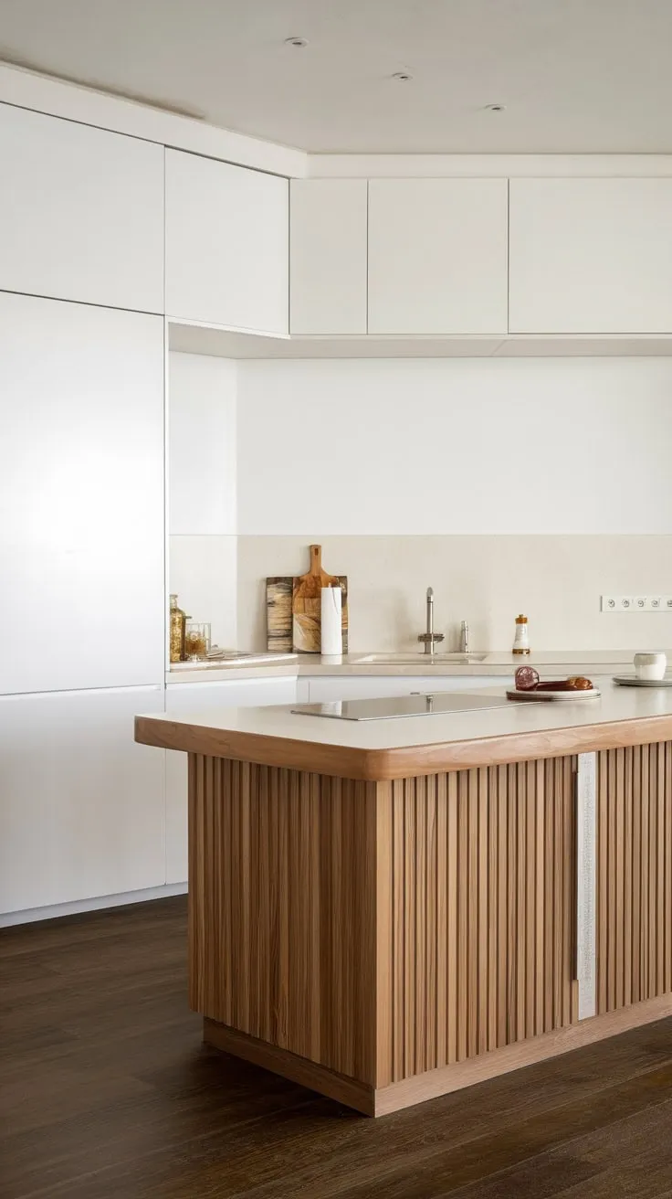 A sleek wooden kitchen island topped with white, contrasts beautifully against dark wood floors and minimalist white cabinetry.