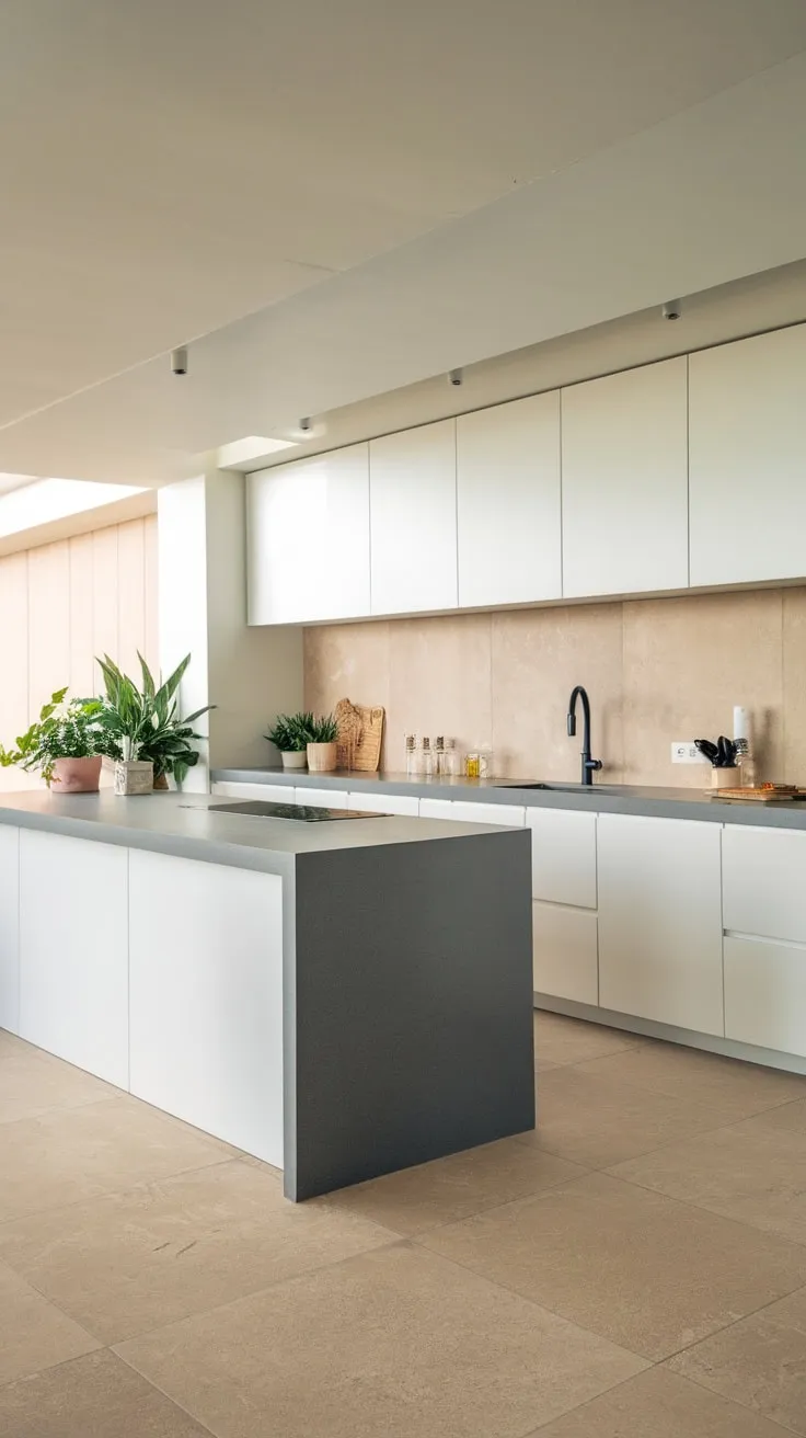 Sleek gray countertops and white cabinetry highlight a modern kitchen island, anchored by a black sink and complemented by beige tile and potted plants.