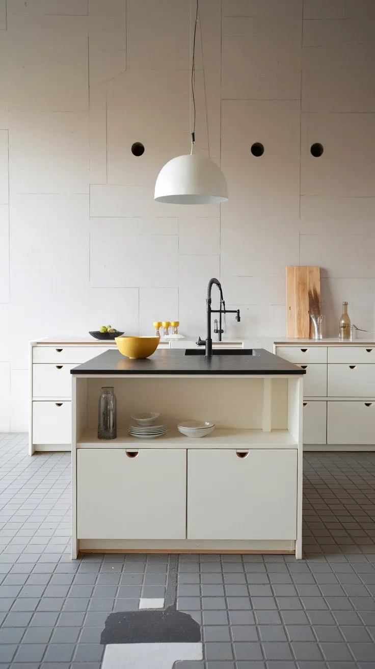 A sleek black countertop island anchors a minimalist white kitchen, its functionality highlighted by a yellow bowl and hanging lamp.