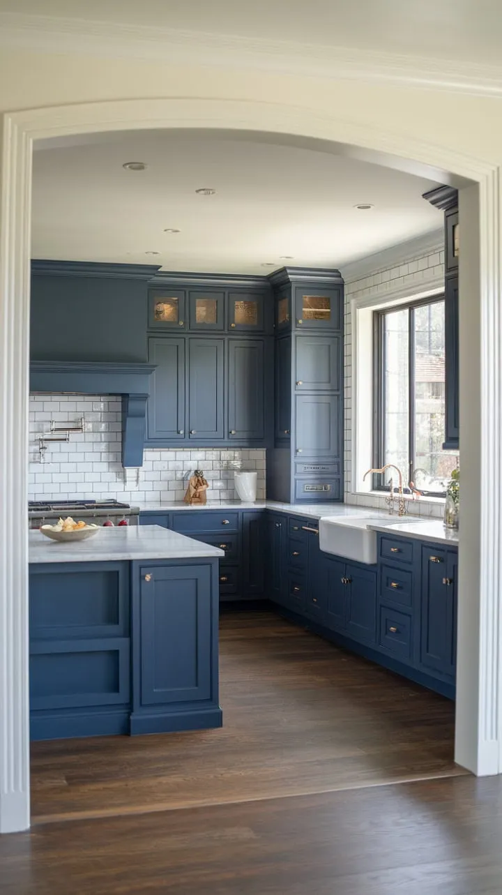 This captivating kitchen harmoniously fuses modern flair with classic sophistication, featuring dramatic navy cabinetry and a bright white backsplash in an inviting open layout.