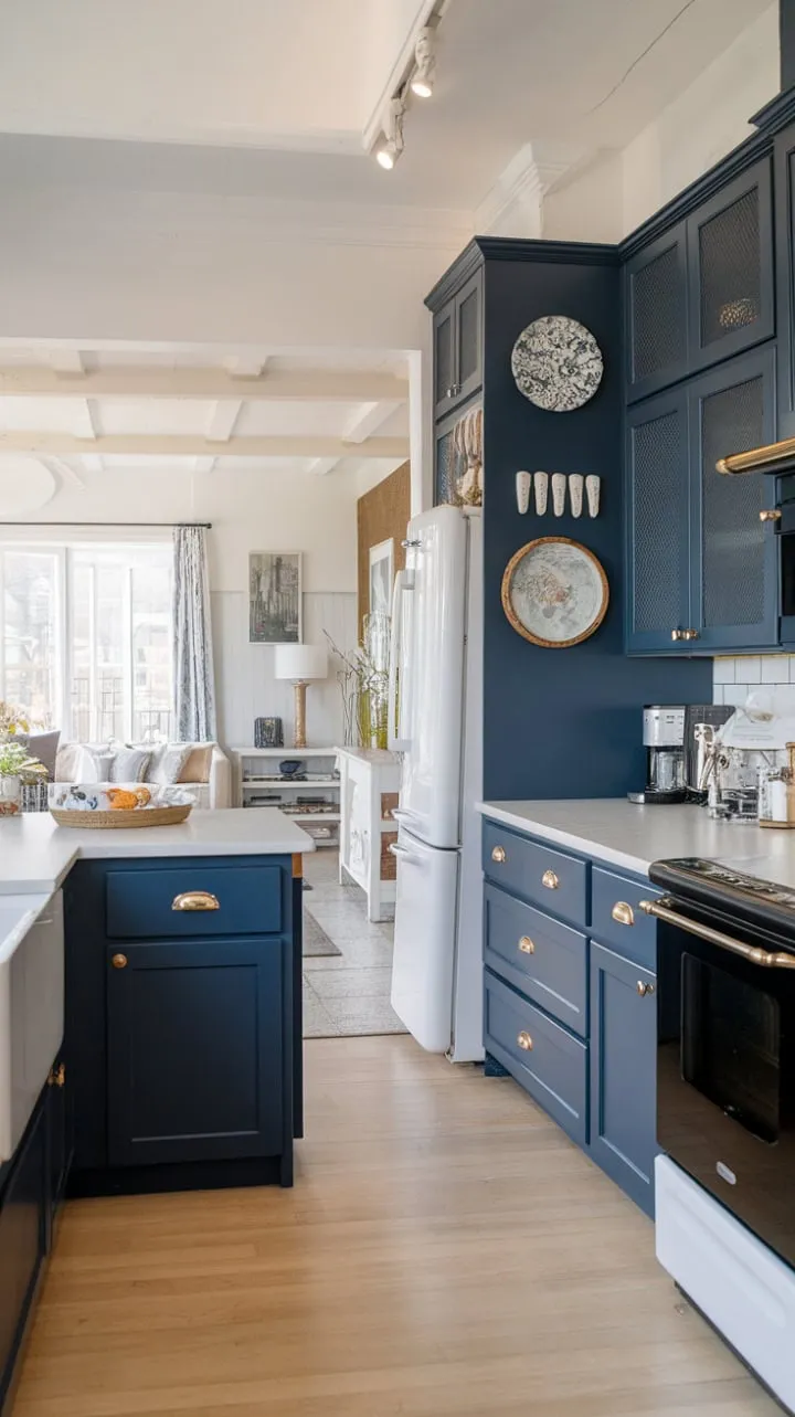 This stunning kitchen, featuring deep navy cabinetry, seamlessly blends elegance and openness, creating a stylish and inviting home.