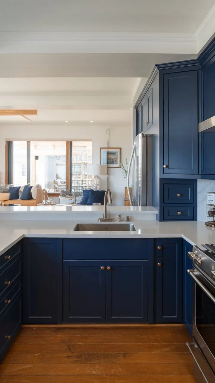 This stunning modern kitchen, with its deep navy cabinetry and bright white countertops, creates a harmonious blend of calm and energy, making it the perfect centerpiece for cooking and entertaining.