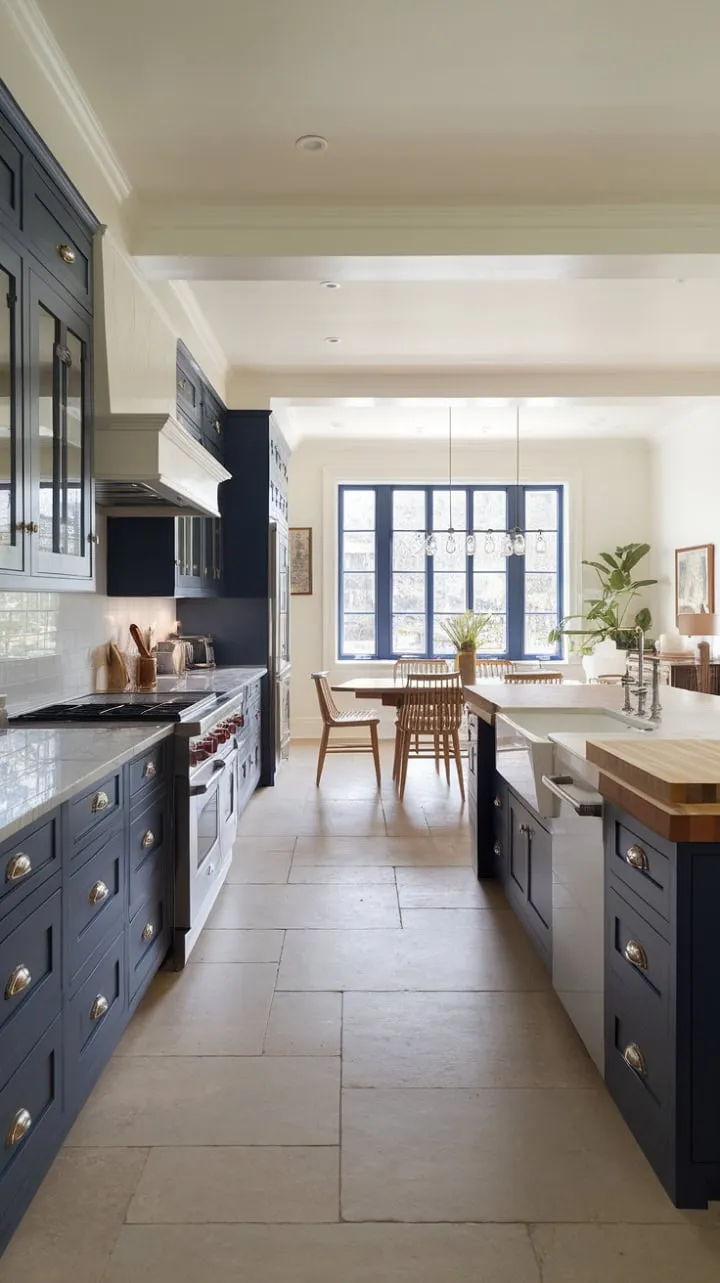 This modern kitchen dazzles with navy blue cabinetry and a chic butcher block island, blending style and functionality for the ultimate culinary experience.