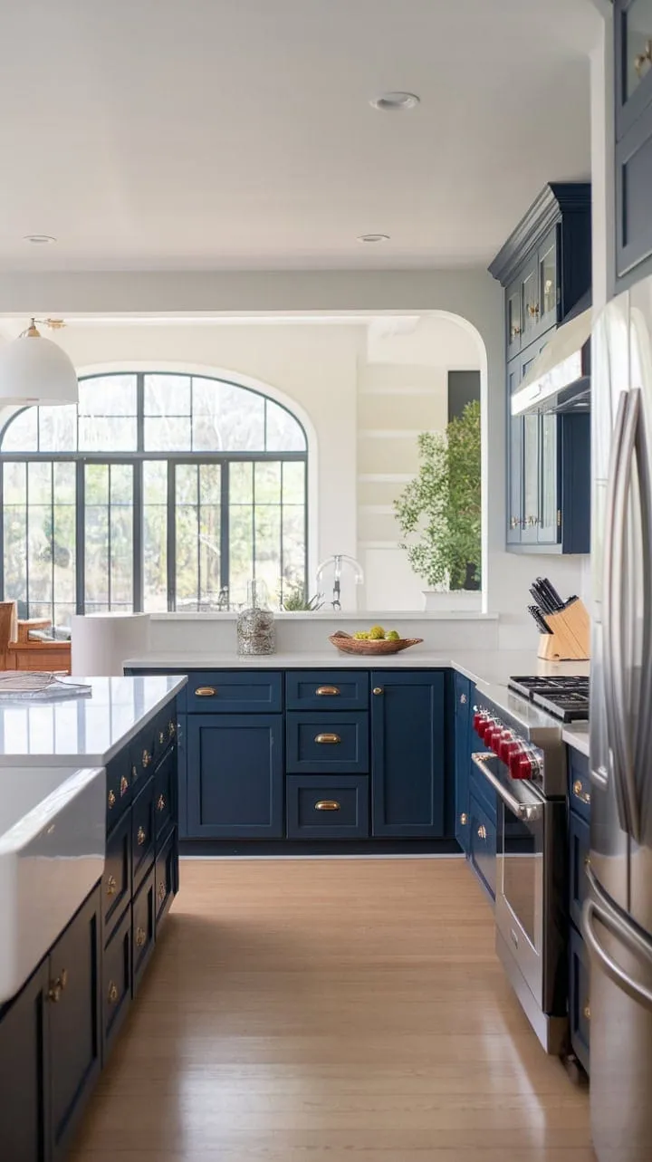 This contemporary kitchen, featuring deep navy cabinetry and bright white countertops, seamlessly blends with the living area, creating an exceptional space bathed in natural light.