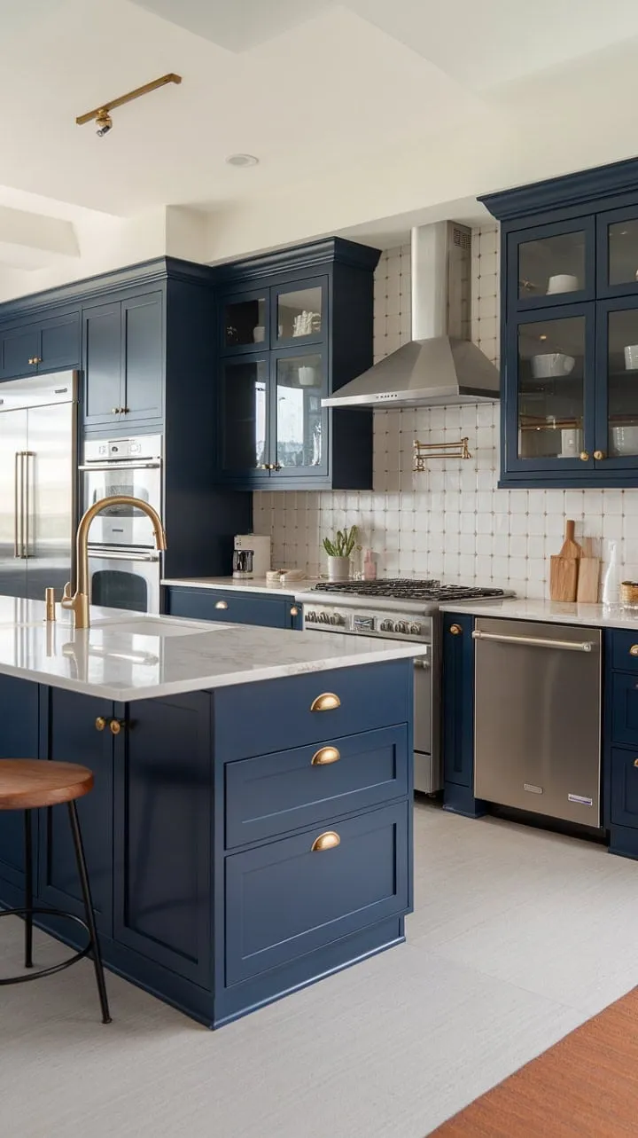 This stunning open-concept kitchen blends deep navy cabinetry with a bright white island and gold accents, creating a harmonious space of refined elegance and style.