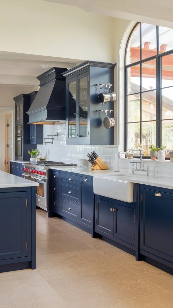 In this stunning open-concept kitchen, navy blue gloss cabinets and crisp white countertops harmonize beautifully under sunlight, while warm beige tiles add an inviting touch to the elegant design.