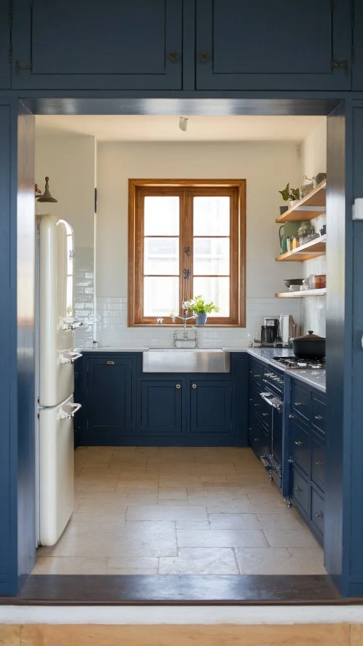 This stunning kitchen harmoniously blends ocean-inspired serenity with modern functionality through deep navy cabinetry, warm beige tiles, and natural wood accents.