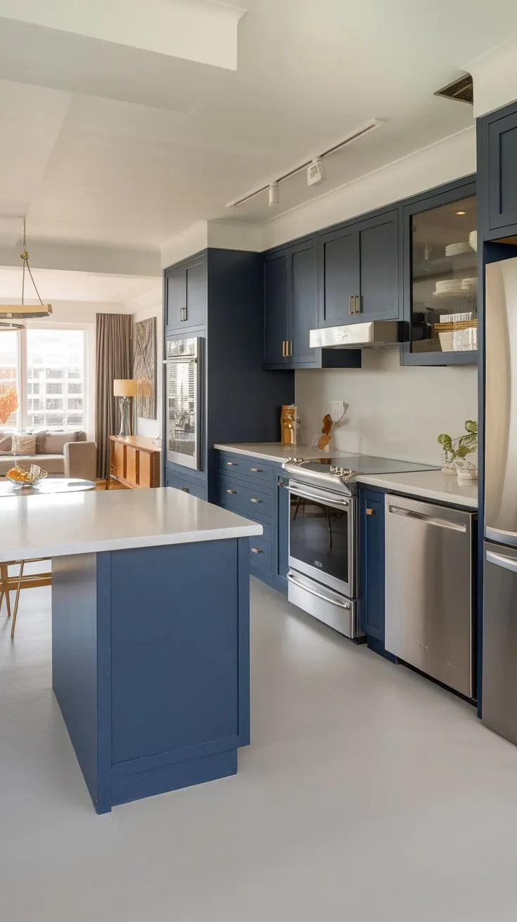 Sleek navy blue cabinetry and a white island define this open-concept modern kitchen's sophisticated style