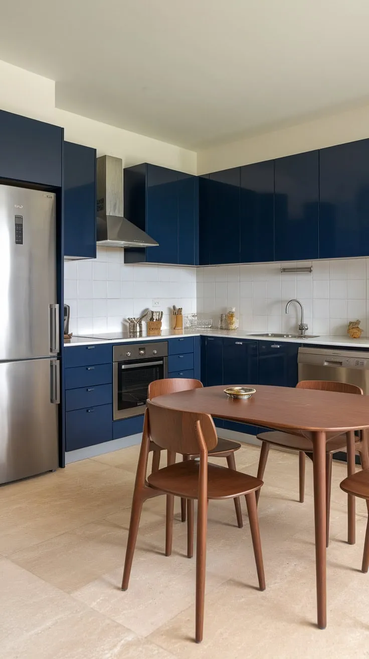 A modern kitchen boasts navy blue cabinetry, white accents, and stainless steel appliances, creating a sophisticated and inviting space.