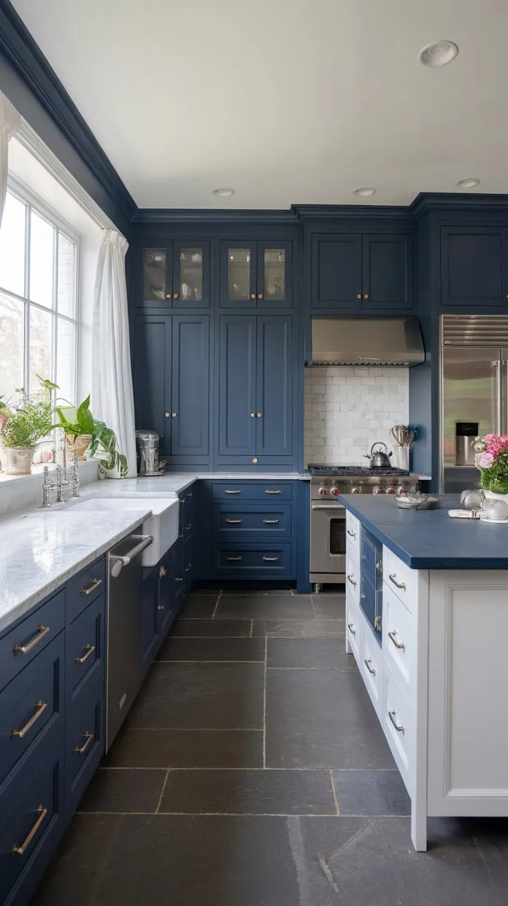 A stunning modern kitchen boasts navy blue cabinets, white marble, and a spacious island, creating a chic and functional heart of the home.