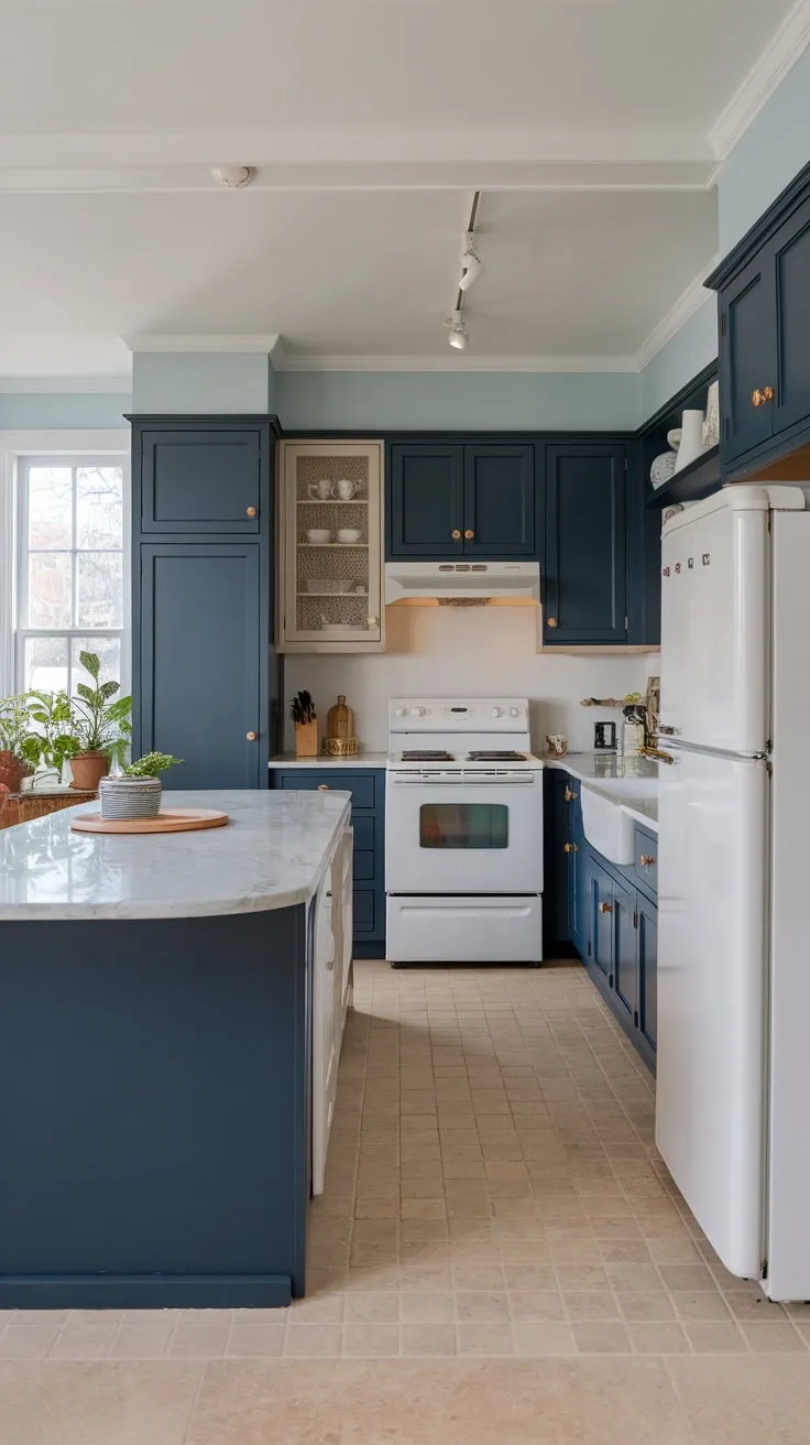 A modern kitchen boasts navy blue cabinets, a white marble island, and pops of greenery, creating a stylish and inviting space.
