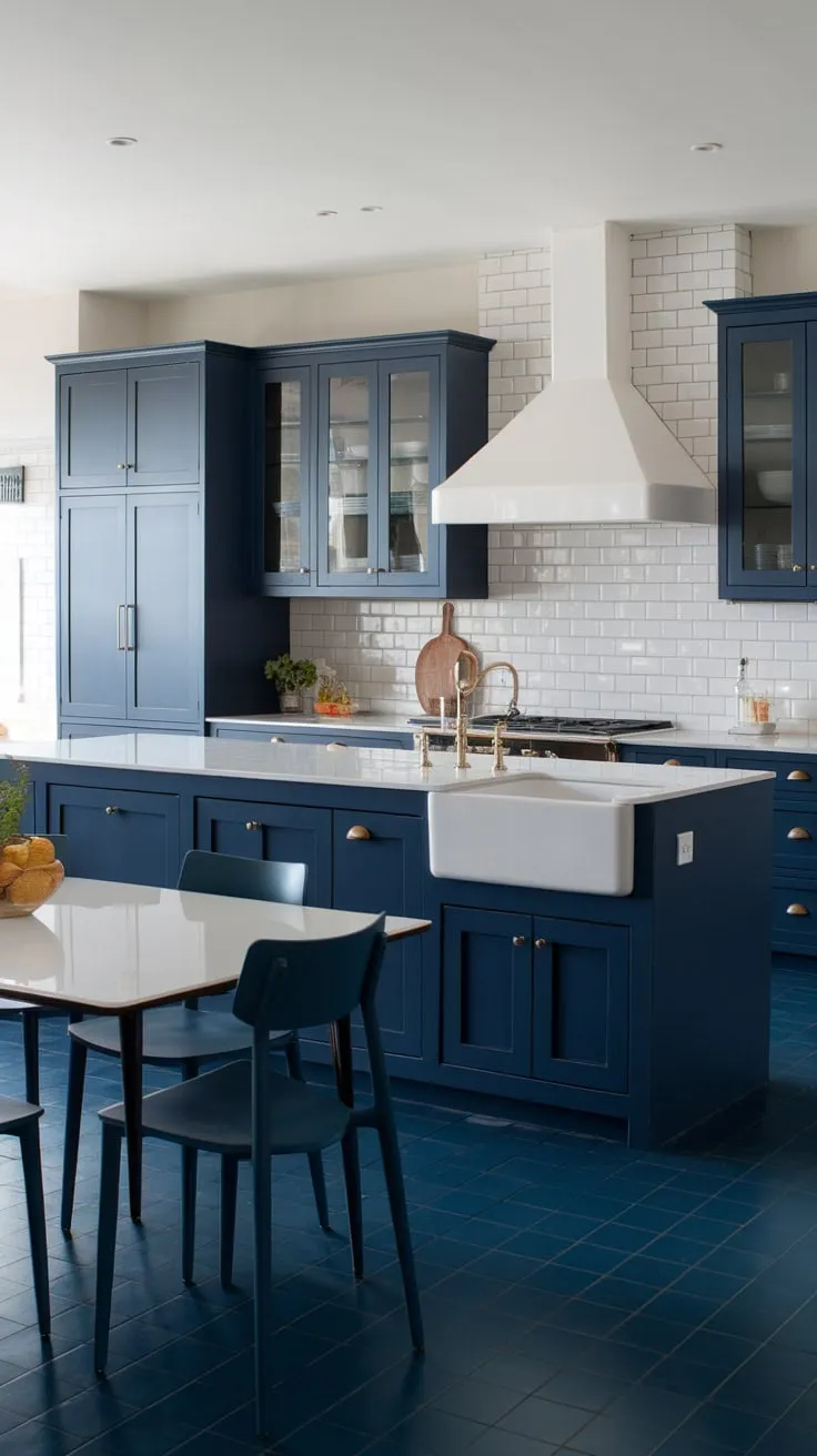 A modern kitchen's navy blue palette, from cabinets to flooring, is brightened by white countertops, backsplash, and dining set, showcasing a chic design.