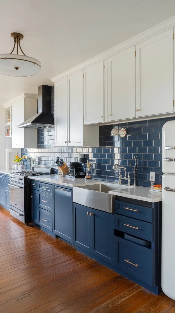 A stunning modern kitchen boasts navy blue cabinetry, white accents, and hardwood floors for a chic and functional space