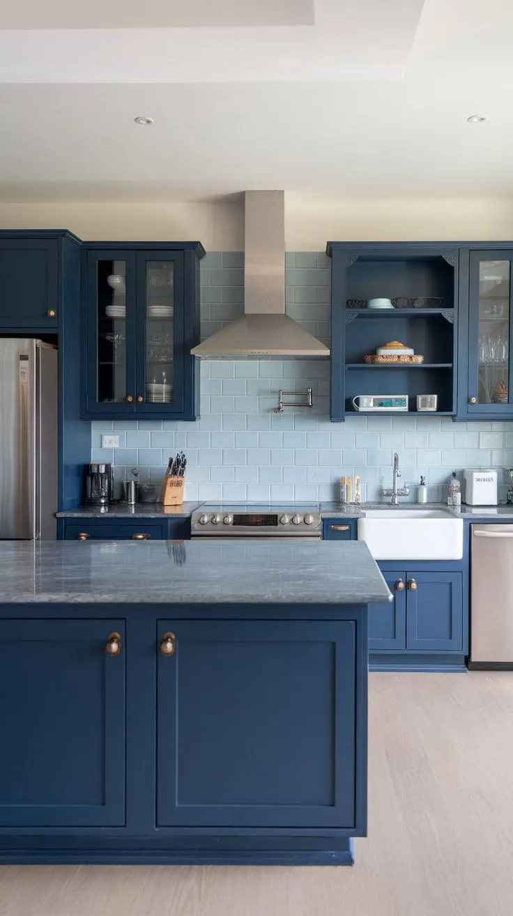 Sleek navy cabinetry, marble counters, and a light wood floor create a stunning modern kitchen design