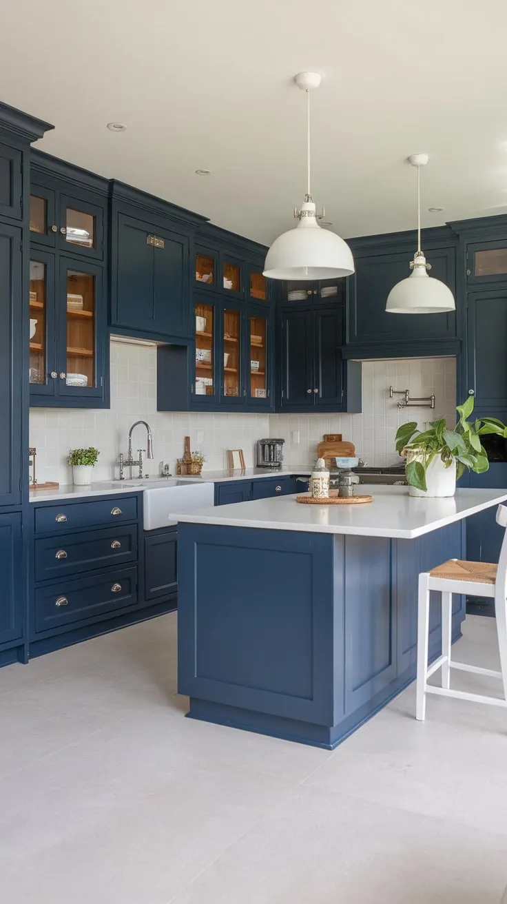 Sleek navy cabinets and a white-topped island define this modern kitchen's sophisticated style