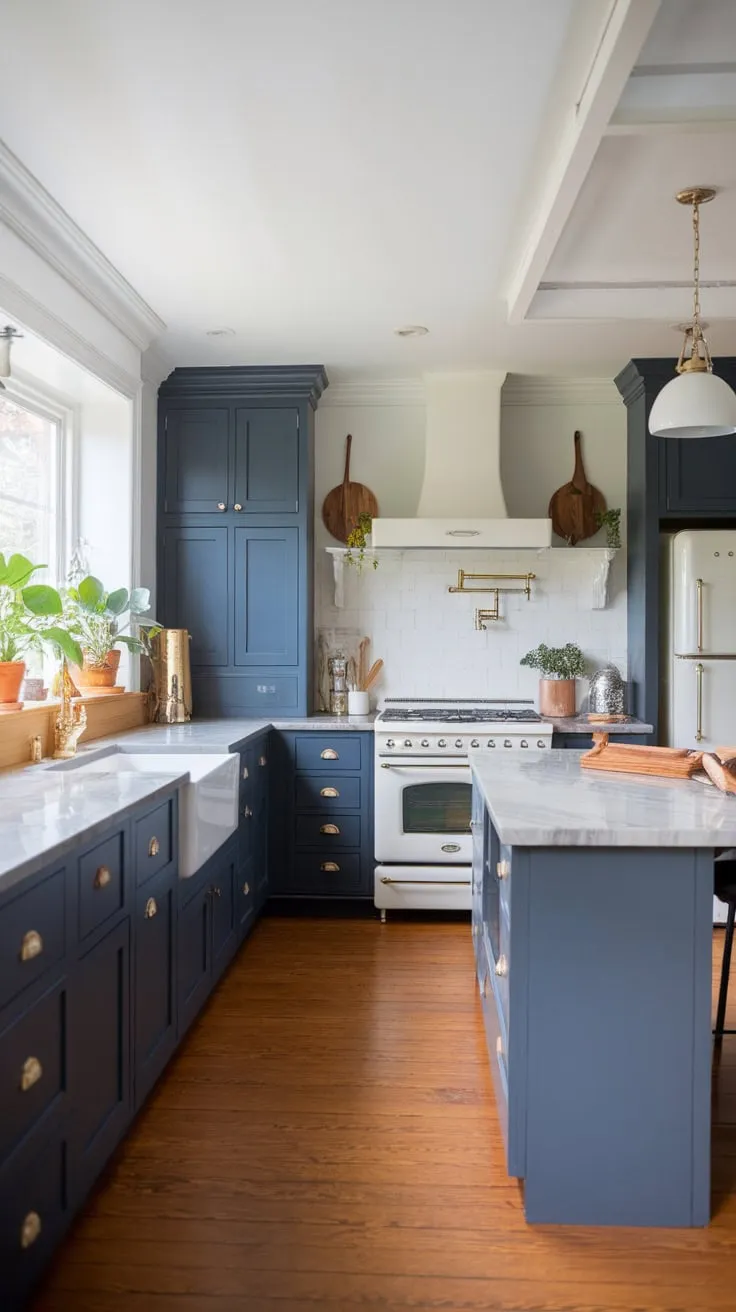 Sleek navy cabinets and a gray marble island define this modern kitchen's sophisticated style