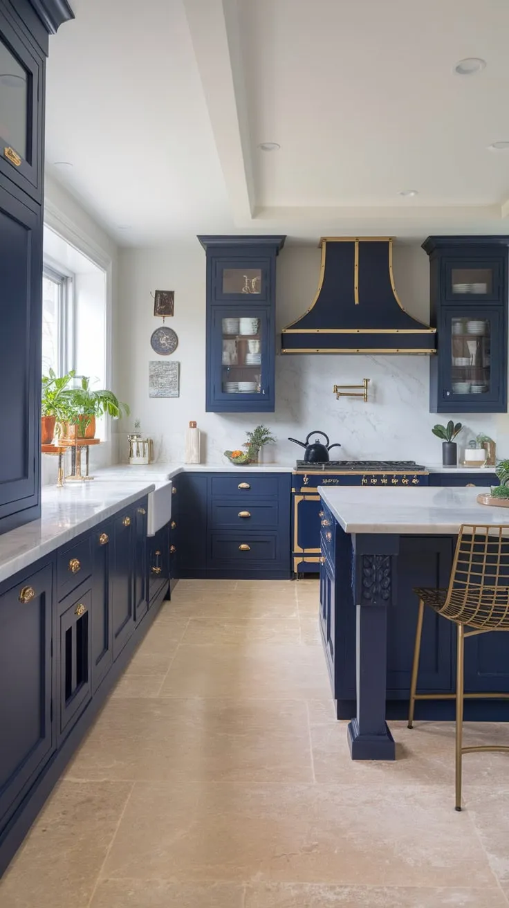 Sleek navy cabinets, marble countertops, and gold accents define this modern open-plan kitchen's luxurious style