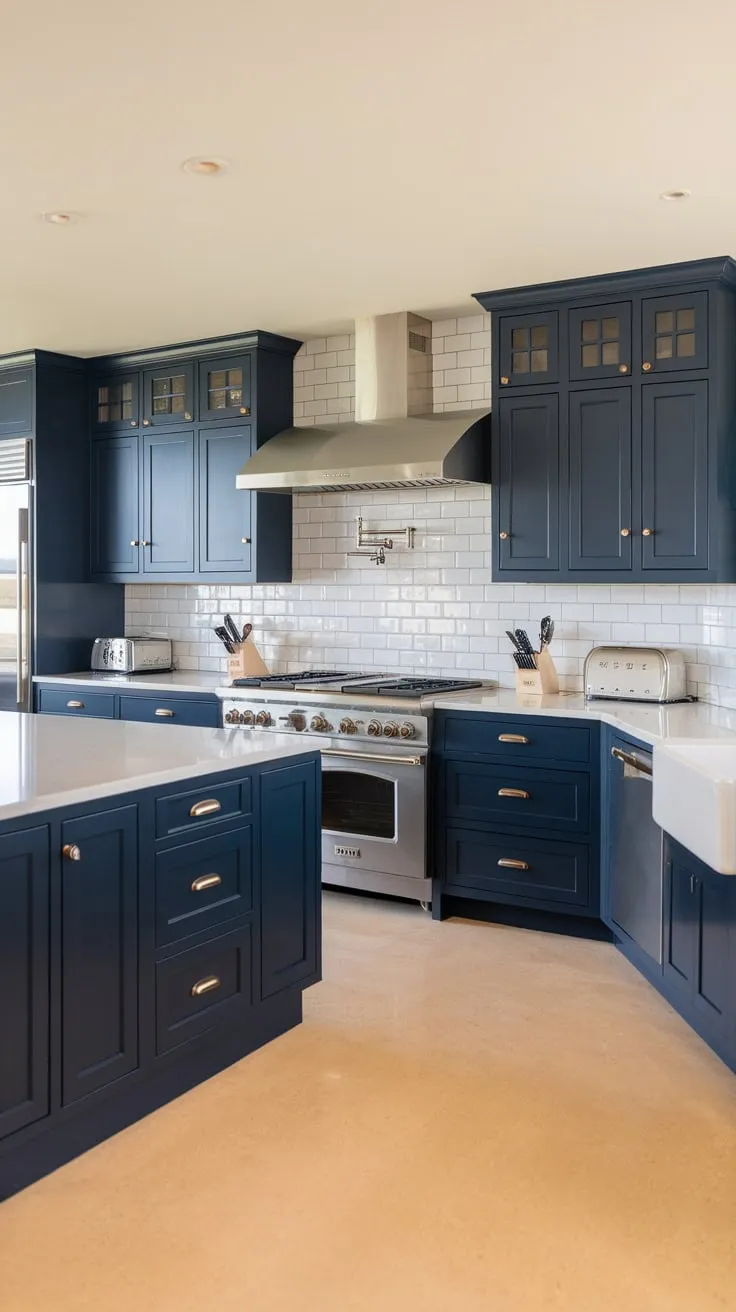 Sleek navy cabinets and white countertops define this modern open-plan kitchen's sophisticated style
