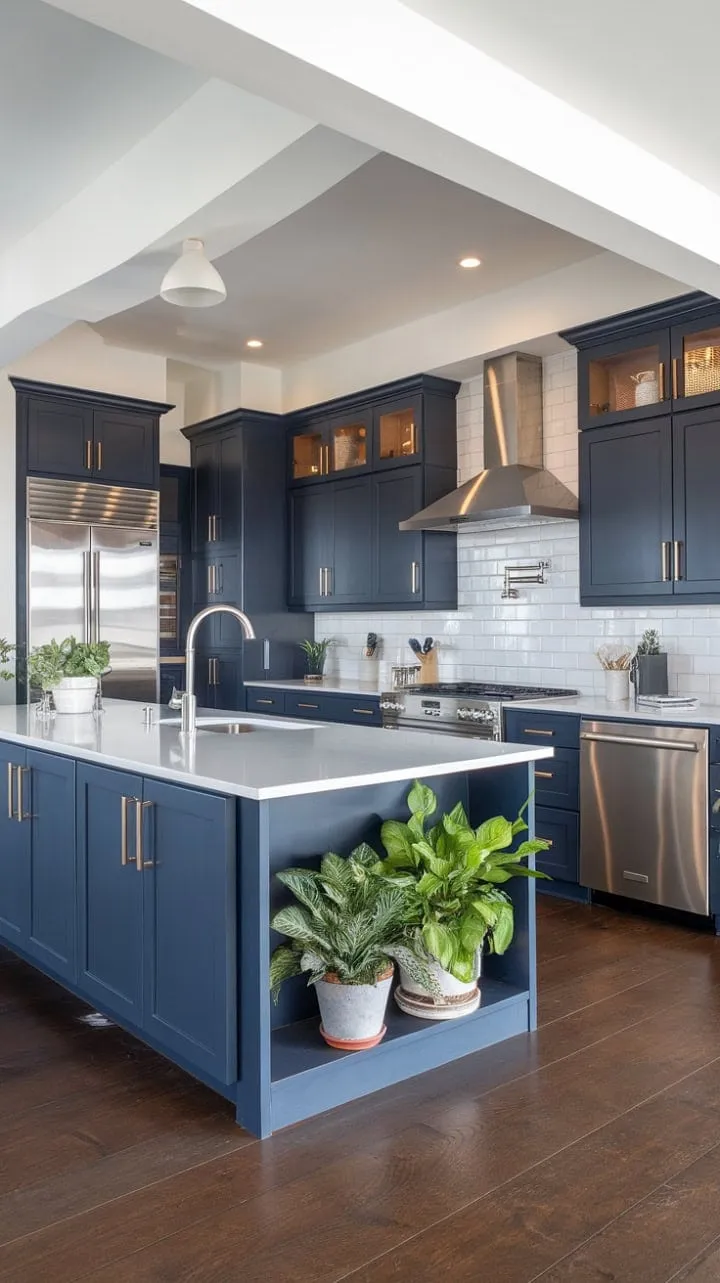 This modern kitchen blends navy blue cabinets and a spacious island with a white countertop and dark wood floors, creating a warm and inviting culinary haven accented by a touch of greenery.