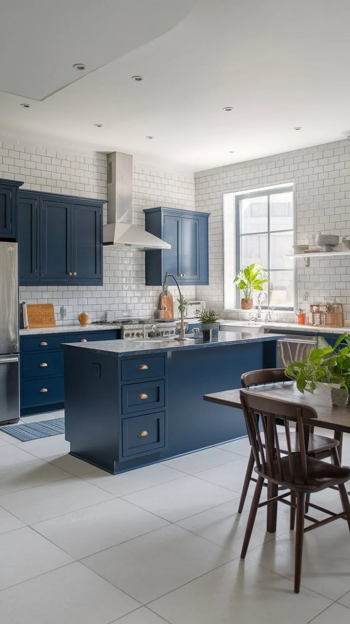 This stunning modern kitchen, featuring rich navy cabinets, sleek white subway tiles, and luxurious marble countertops, creates an inviting hub for culinary creativity and gatherings.