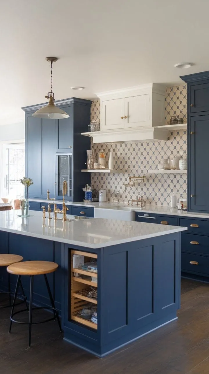 With its elegant navy blue cabinets and white quartz countertops, this kitchen seamlessly blends style and functionality, making it the inviting centerpiece of the home.