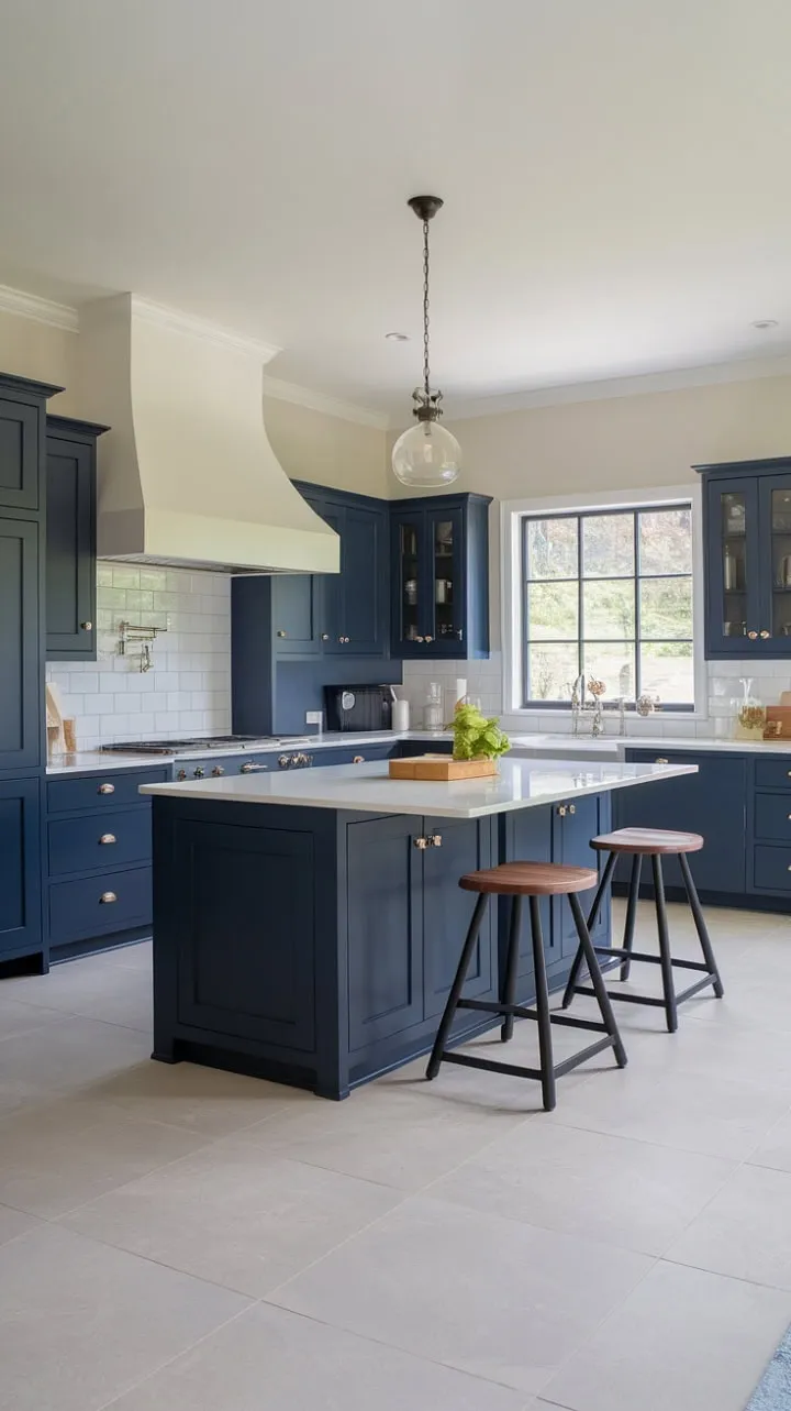 This elegant kitchen, featuring deep navy cabinetry and a bright white island, serves as a serene oasis that harmoniously blends style and functionality.