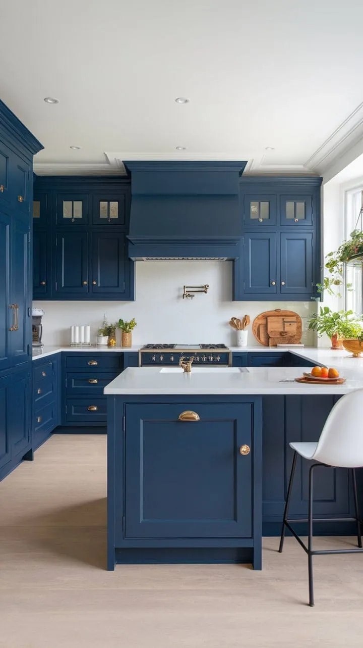 This striking kitchen harmoniously blends dramatic navy cabinetry with crisp white accents and warm wood flooring, creating an inviting space for culinary creativity and conversation.