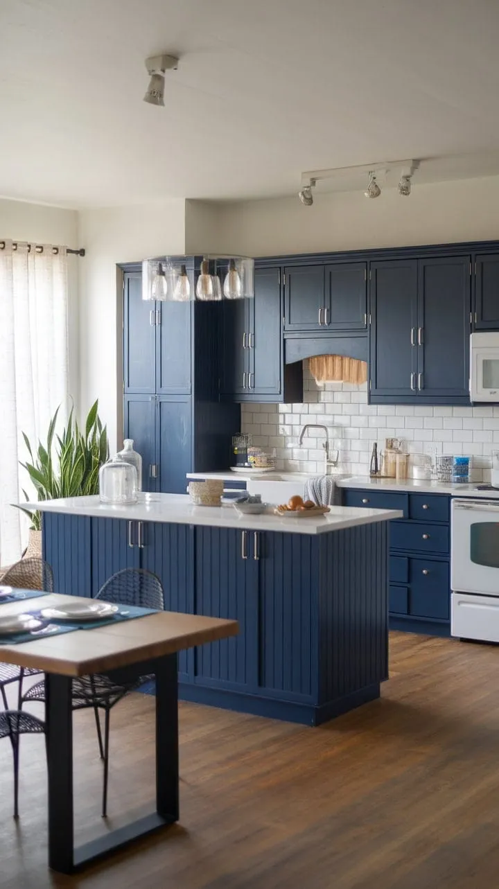 This navy blue kitchen masterfully combines modern elegance with a cozy ambiance, making it an ideal haven for cooking and cherished gatherings.