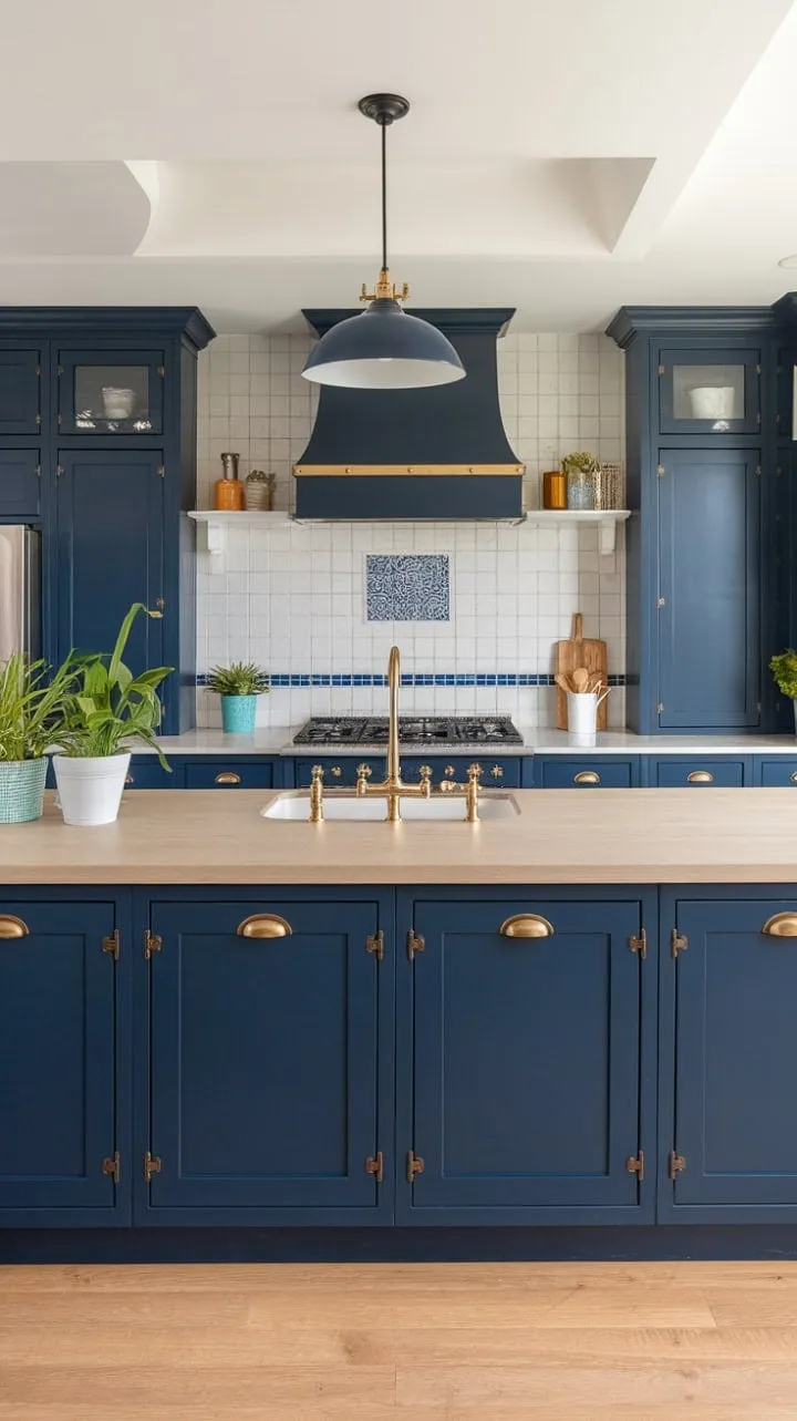 In this open-concept kitchen, navy blue cabinets and gold hardware harmoniously clash with a warm wood island, while curated details like pendant lighting and potted plants transform it into a modern elegant haven.